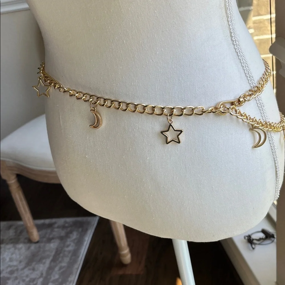 Gold Tone Chain Belt with Star and Moon Charms Celestial